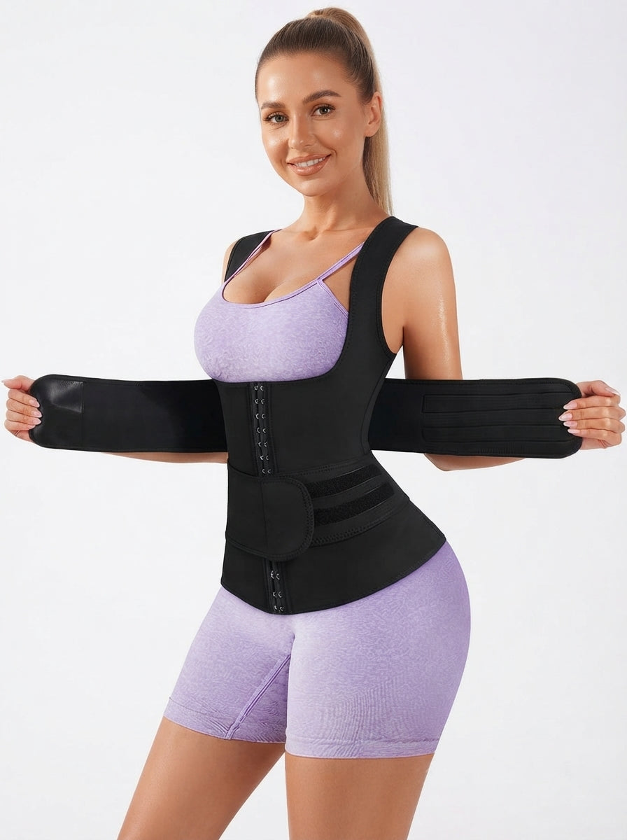 Smiling woman wearing Fashion Couture women's waist trainer vest with adjustable belt, available in S–3XL, on a product display model.
