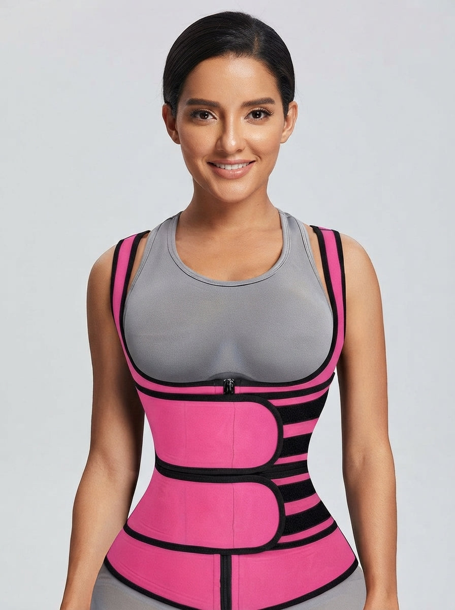 Women’s waist trainer vest with adjustable belt from Fashion Couture, shown on smiling model, available in sizes S–3XL.