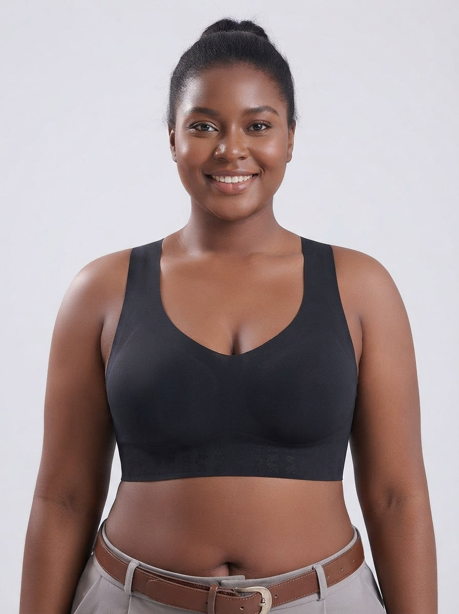 Model smiling in Fashion Couture seamless posture correcting sports bra with ABCD cups, front view, offering back support and sagging prevention.