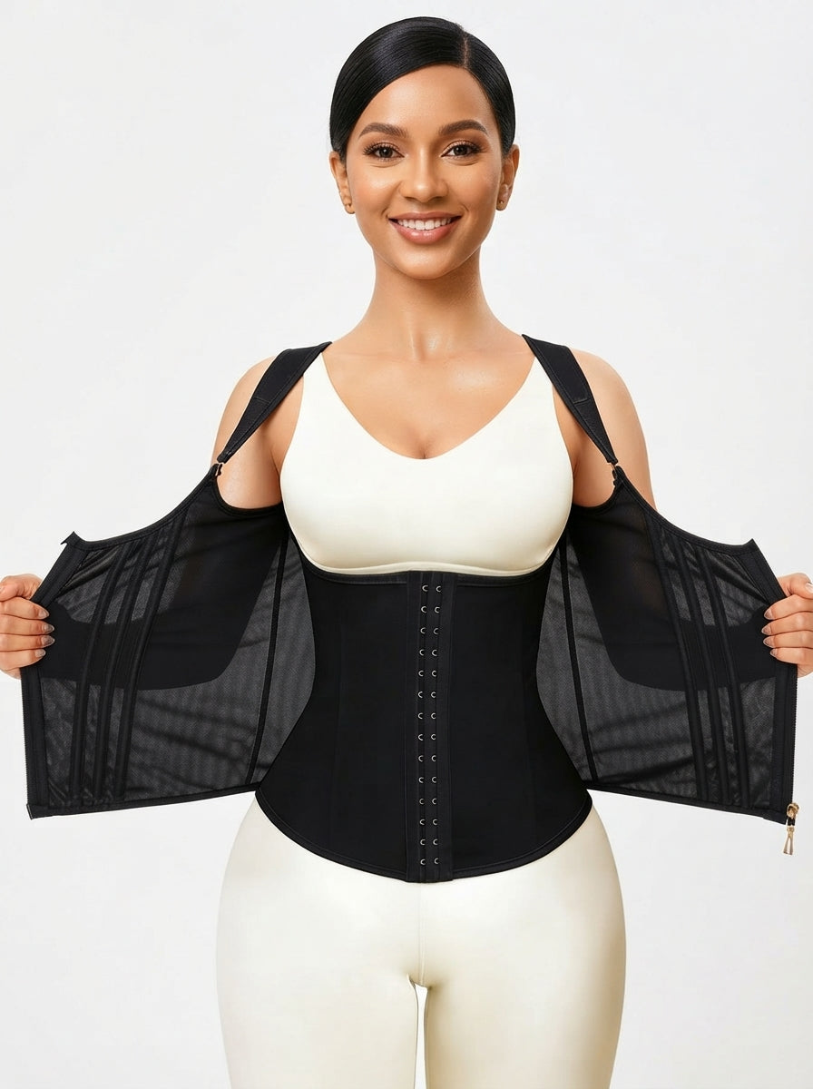 Model wearing black steel boned mesh corset by Fashion Couture, waist cinching fitness and wellness garment in size S–XXL.