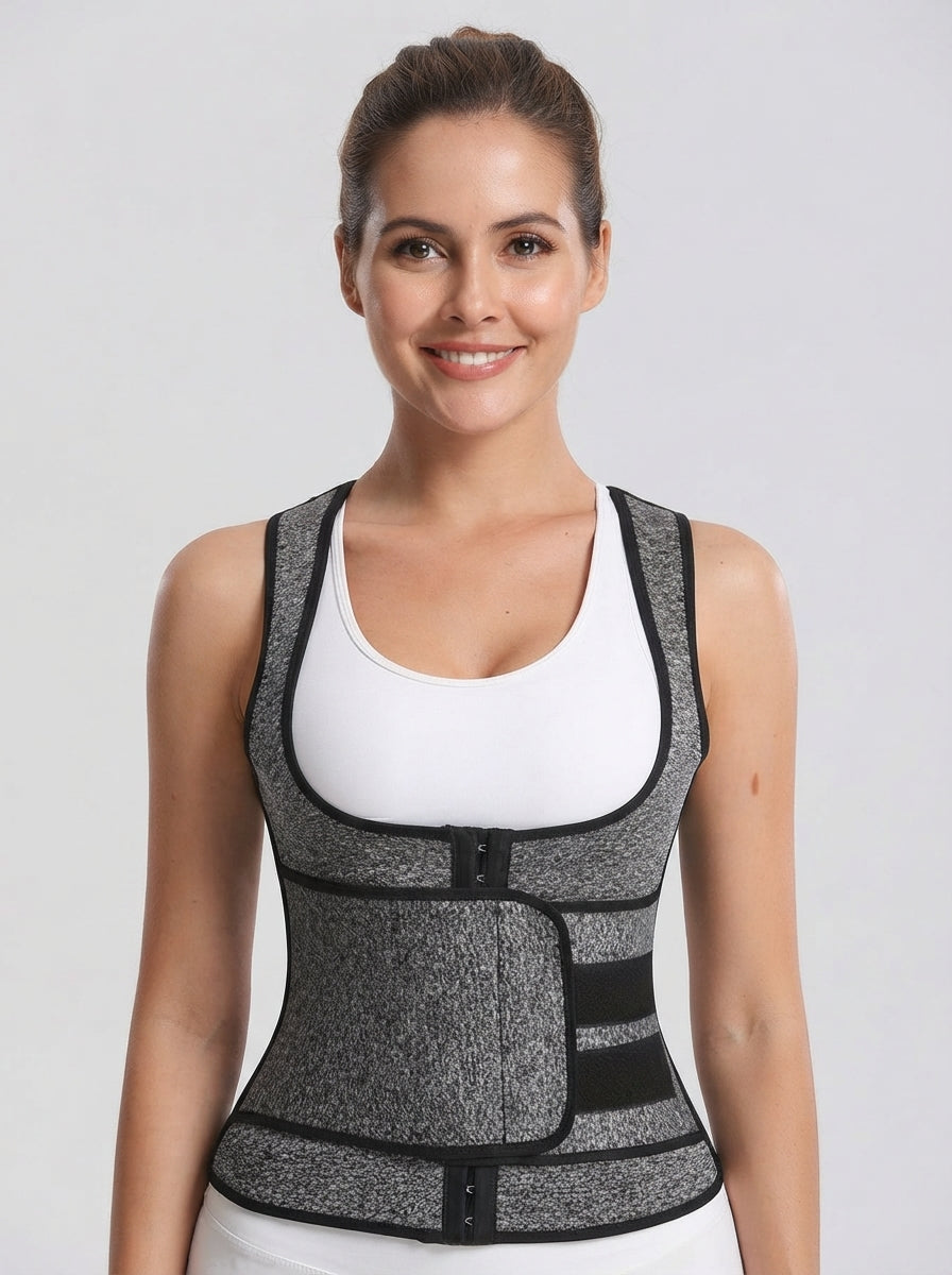 Women’s waist trainer vest with adjustable belt from Fashion Couture, showing front view on smiling model, available in S–3XL.