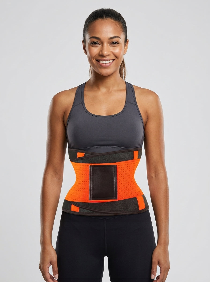 Smiling woman wearing Fashion Couture adjustable waist trimmer belt for workouts, showcasing its fit and comfort during exercise.
