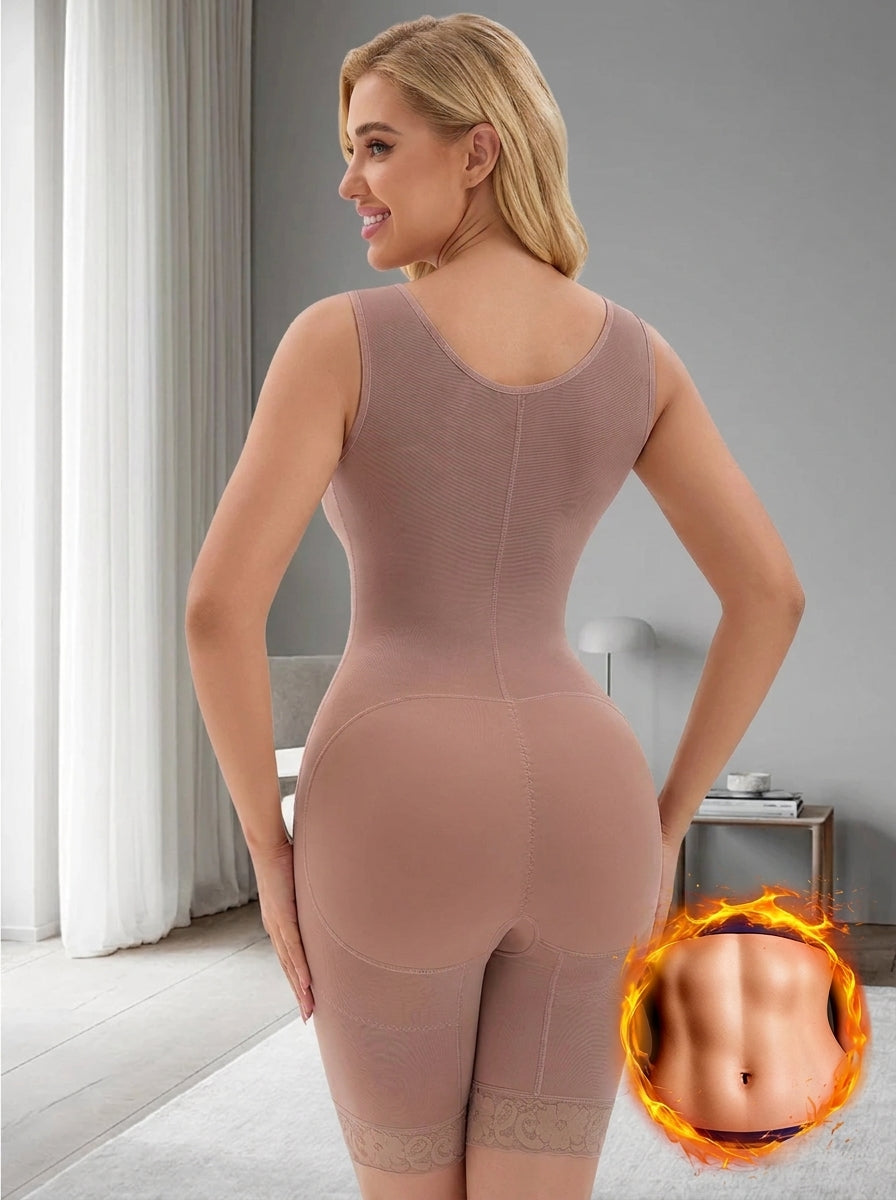 Woman smiling in black postpartum shapewear full body girdle by Fashion Couture, showing tummy control and waist sculpting features.