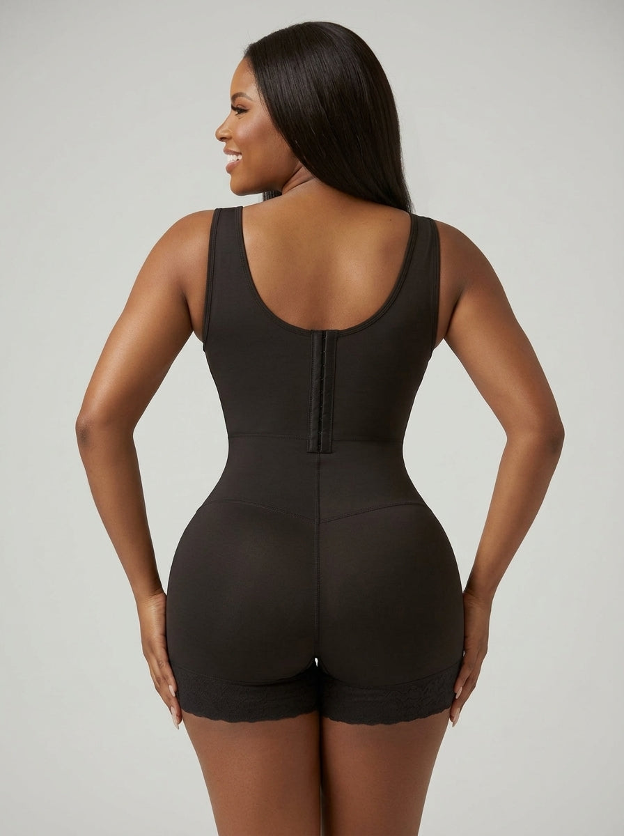 Model standing in back view wearing Fashion Couture postpartum recovery faja, extra-firm compression shapewear for C-section recovery.