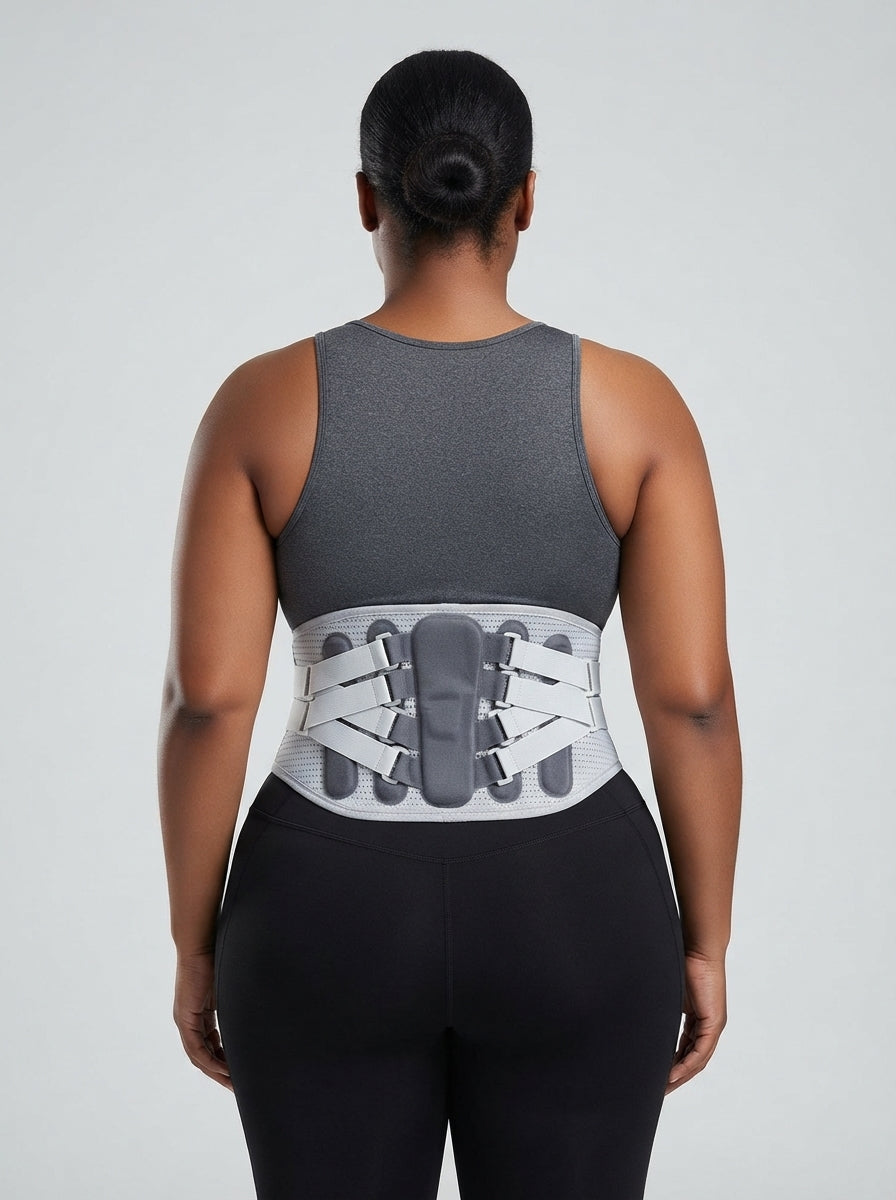 Model wearing Fashion Couture breathable mesh waist support belt for back and core, shown from back angle.