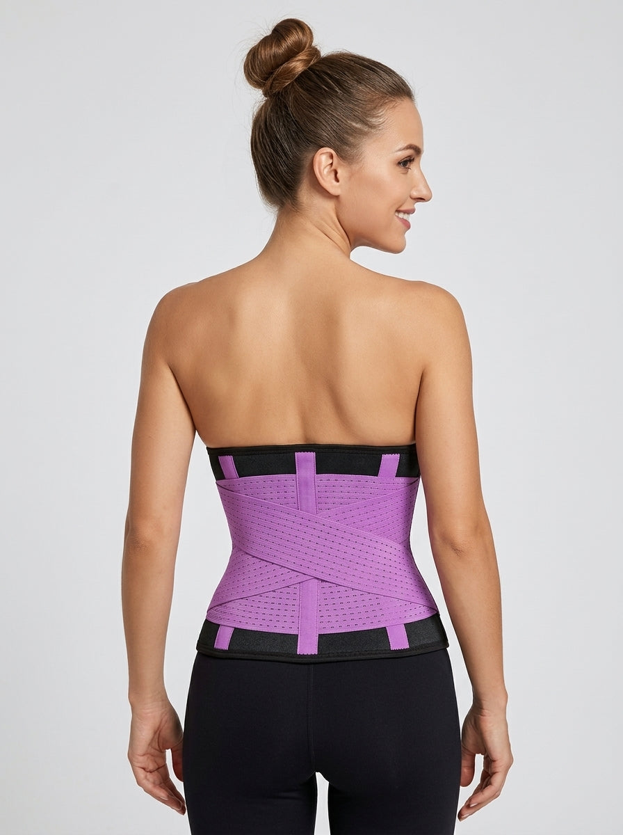 Model wearing Fashion Couture adjustable waist trimmer belt for workouts, designed to shape the waist and enhance activity comfort.