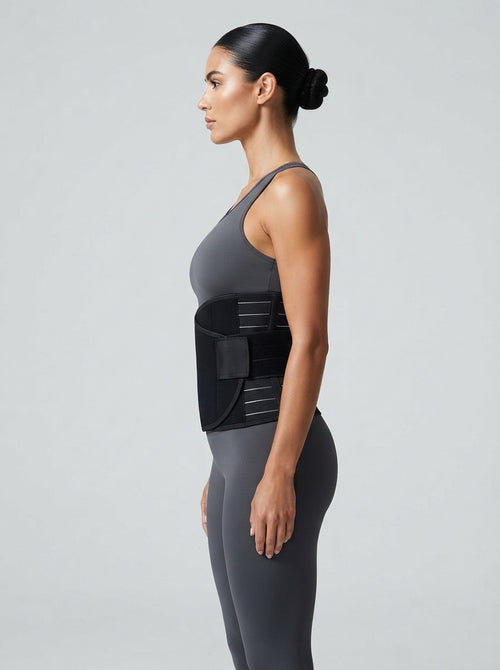 Model wearing Fashion Couture adjustable postpartum waist trainer belt, a supportive shapewear belt for postpartum recovery.