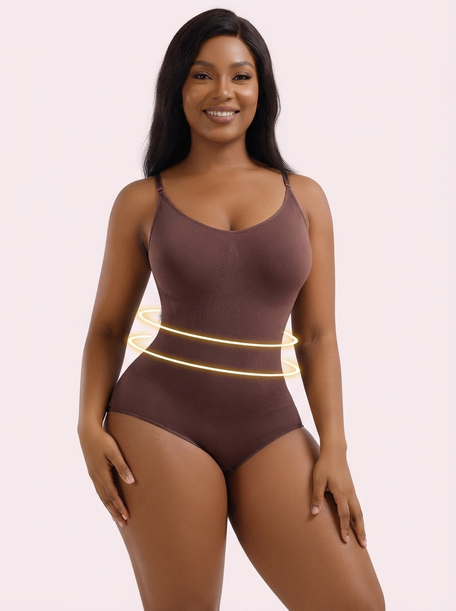 Smiling model wearing Fashion Couture high-waisted seamless shapewear with tummy control and butt lifting features.
