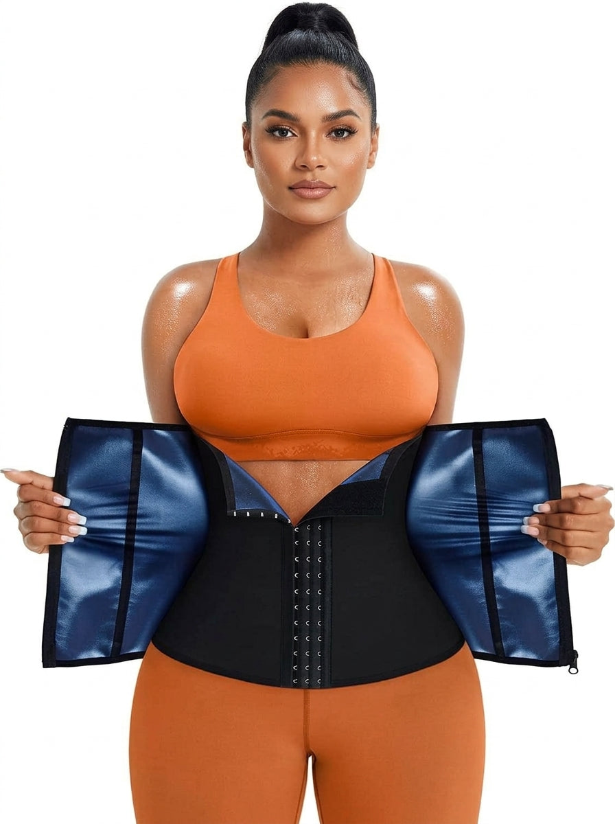 Fashion Couture neoprene waist trainer sweat belt for workouts, showing a close-up of the black shapewear designed to shape the waist.