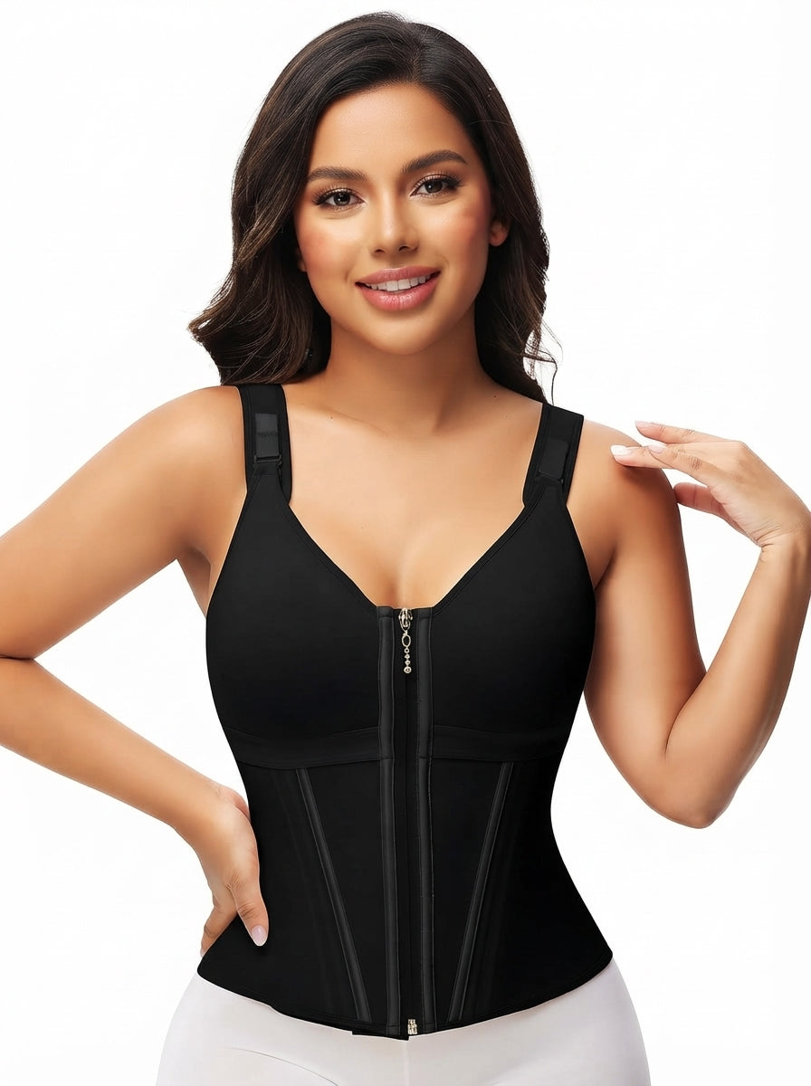 Fashion Couture mesh shaping bra vest with steel boning, available in XS to 3XL, designed to provide support and a slimming fit.