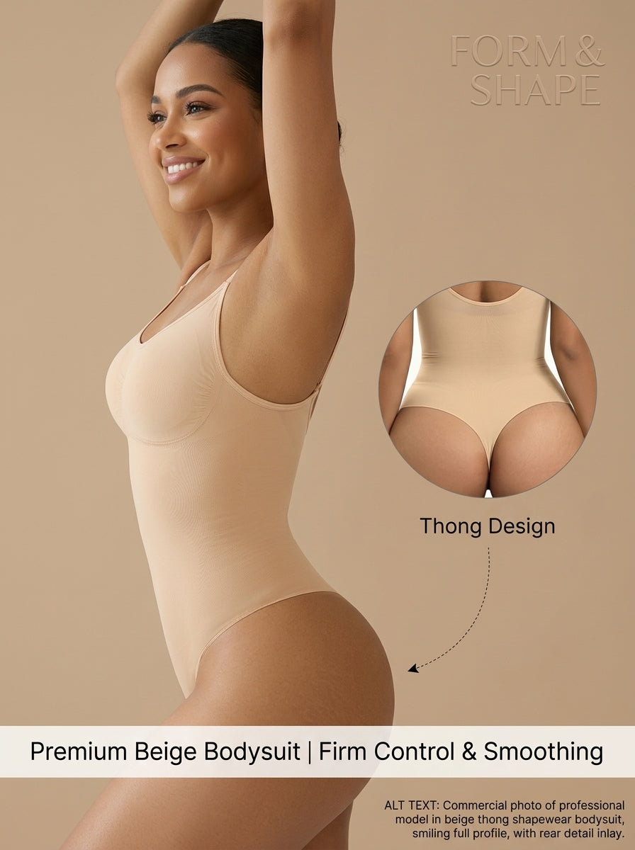 Fashion Couture tummy control shapewear bodysuit with butt lift, thong, brief, and mid-thigh styles in size S to 3XL on model.