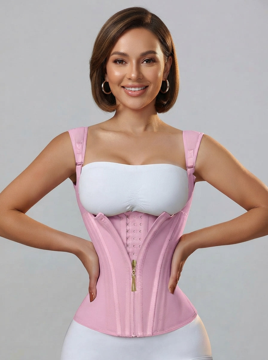 Fashion Couture firm abdominal control waist shaping vest worn by smiling model, available in XS to 3XL, for wellness and fitness.
