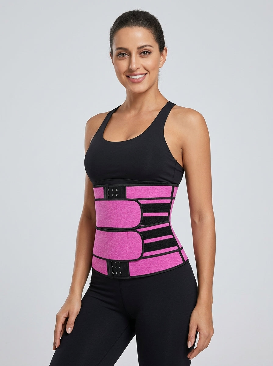Female model wearing Fashion Couture neoprene waist trainer for women, adjustable shapewear for slimming and waist shaping.