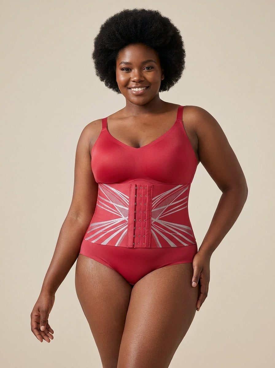 Plus-size model wearing Fashion Couture high-waisted butt-lifting shapewear shorts with tummy control, showcasing a smooth, sculpted silhouette