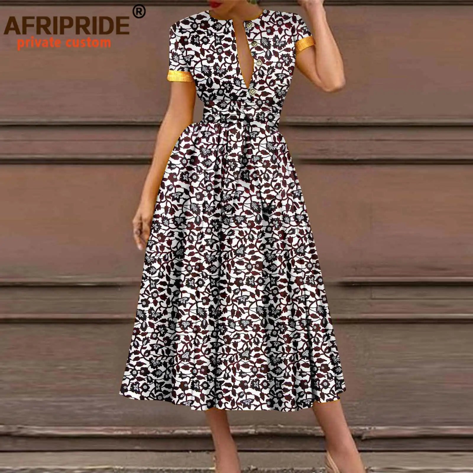 African Dresses for Women Short Sleeve High Waist Elegant Print Casual Outfits Midi Dress Dashiki Attire with Belt A2325003 - Fashion Couture