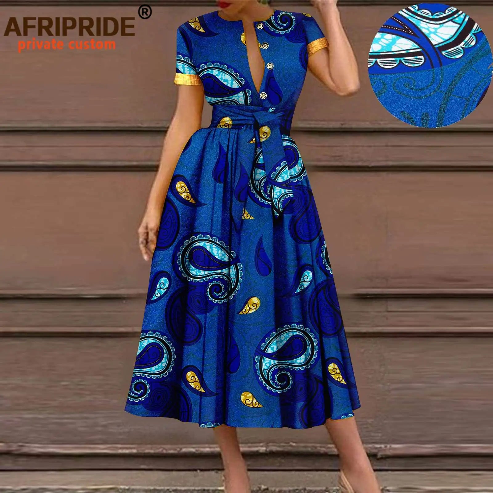 African Dresses for Women Short Sleeve High Waist Elegant Print Casual Outfits Midi Dress Dashiki Attire with Belt A2325003 - Fashion Couture