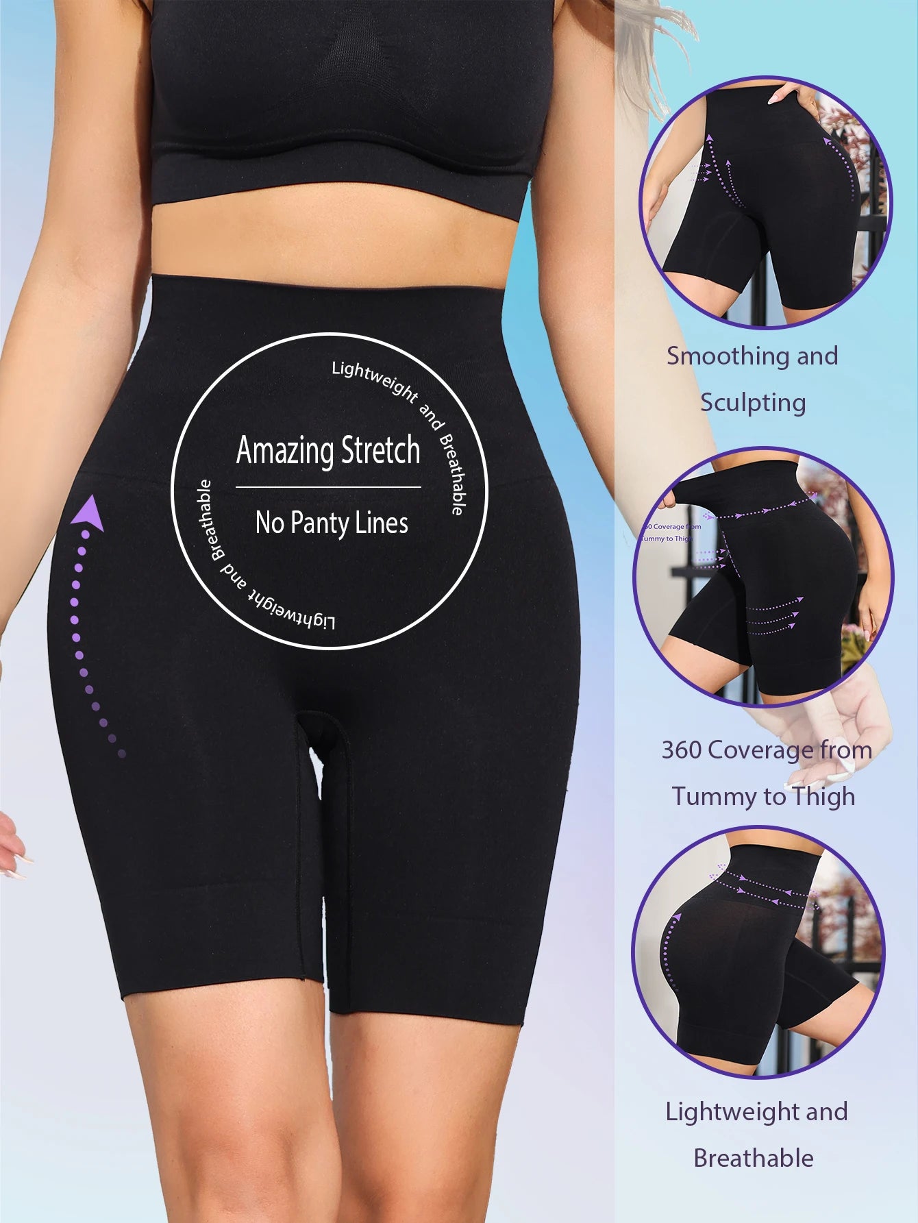 Black high-waisted shapewear shorts for invisible tummy control