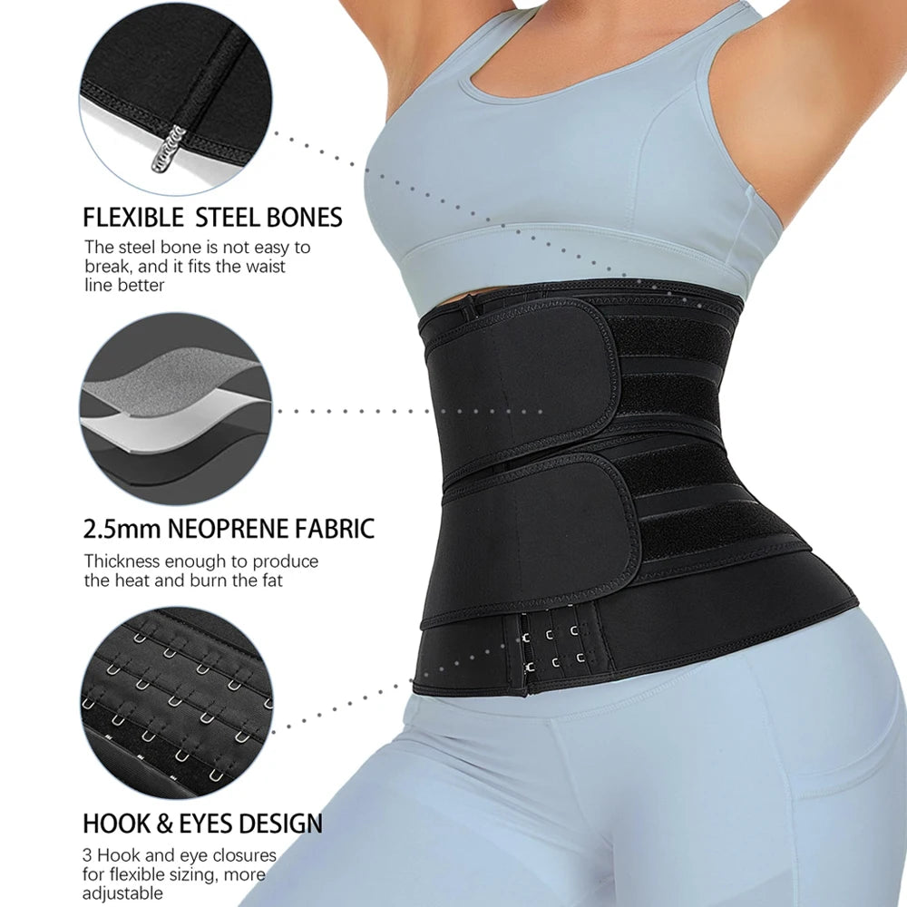 Model wearing black compression waist trainer for tummy control