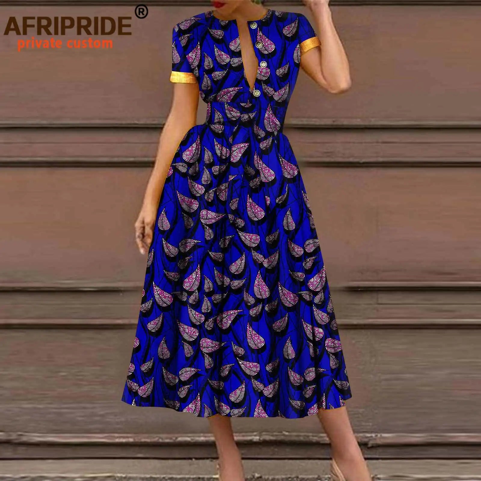 African Dresses for Women Short Sleeve High Waist Elegant Print Casual Outfits Midi Dress Dashiki Attire with Belt A2325003 - Fashion Couture
