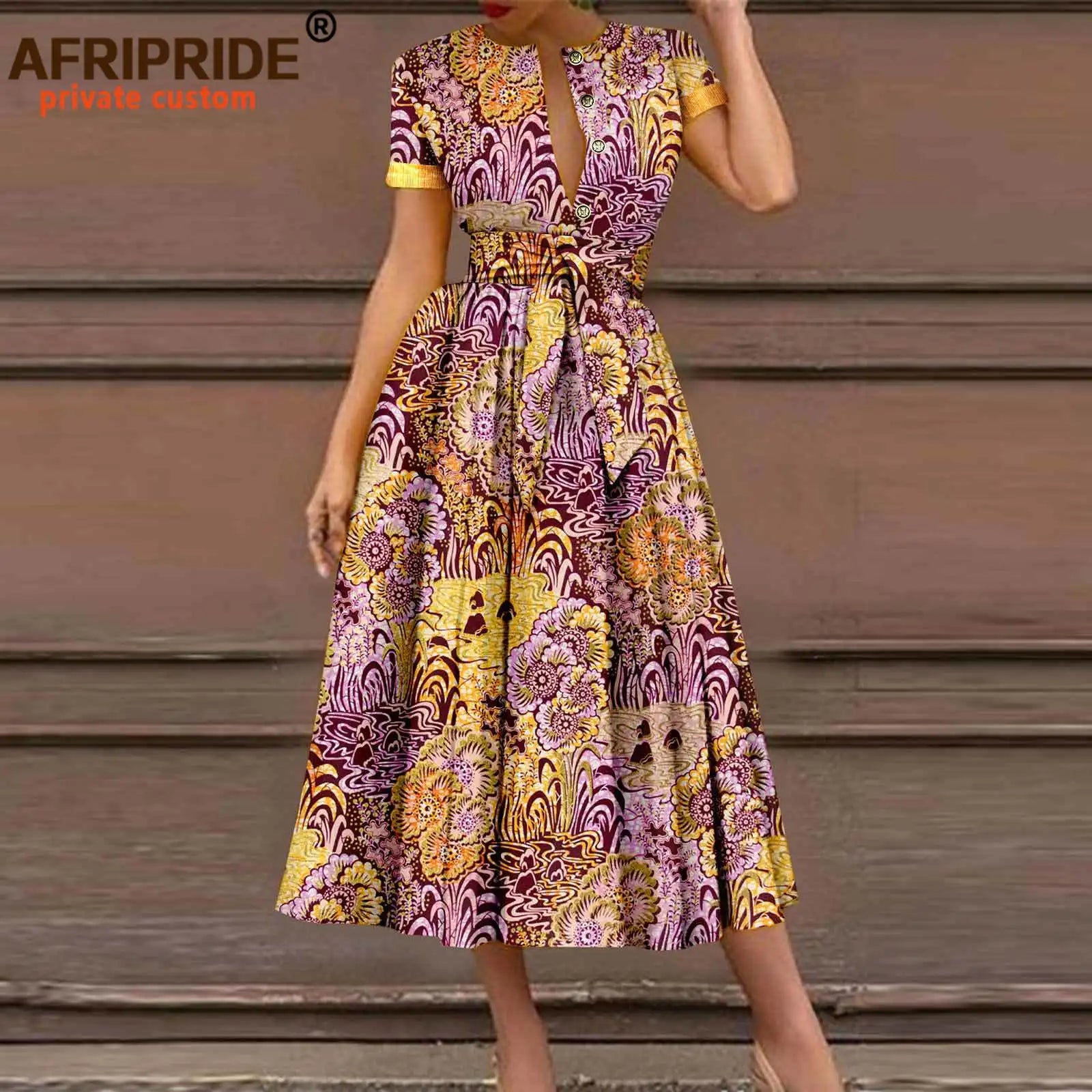 African Dresses for Women Short Sleeve High Waist Elegant Print Casual Outfits Midi Dress Dashiki Attire with Belt A2325003 - Fashion Couture