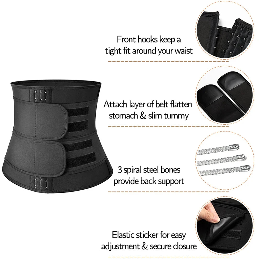 Triple strap detail on black neoprene waist trainer for core stability