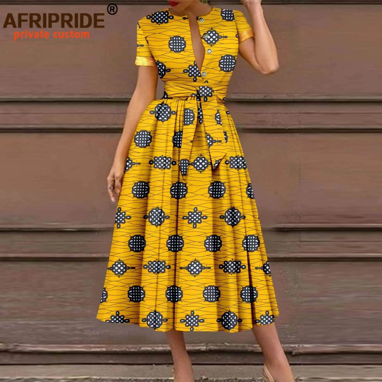 African Dresses for Women Short Sleeve High Waist Elegant Print Casual Outfits Midi Dress Dashiki Attire with Belt A2325003 - Fashion Couture