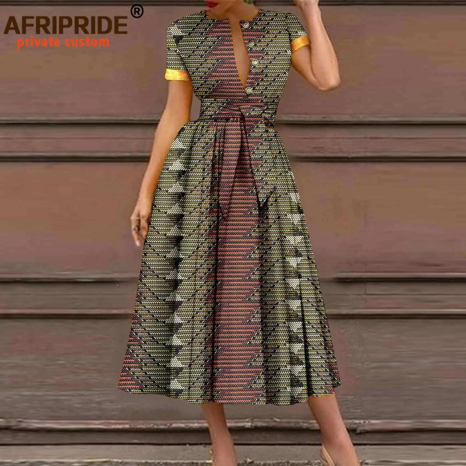 African Dresses for Women Short Sleeve High Waist Elegant Print Casual Outfits Midi Dress Dashiki Attire with Belt A2325003 - Fashion Couture