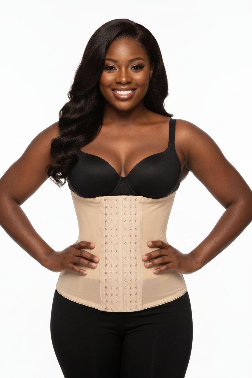 Fashion Couture steel boned latex waist trainer corset, firm compression shapewear for waist shaping and body contouring.