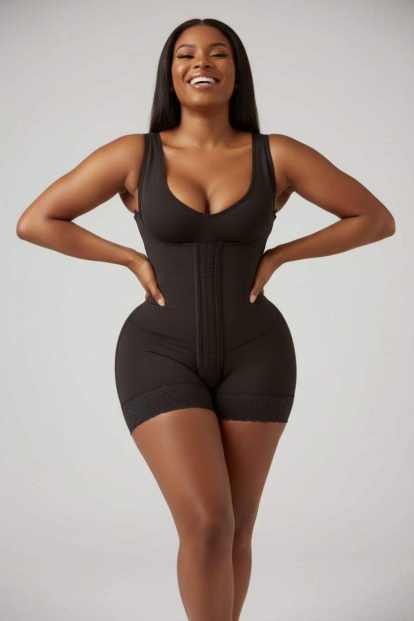 Close-up of the adjustable hook-and-eye closures on a firm compression body shaper