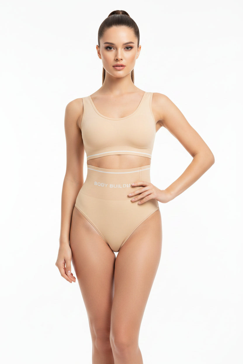 Woman wearing seamless high waist shaper thong for tummy control