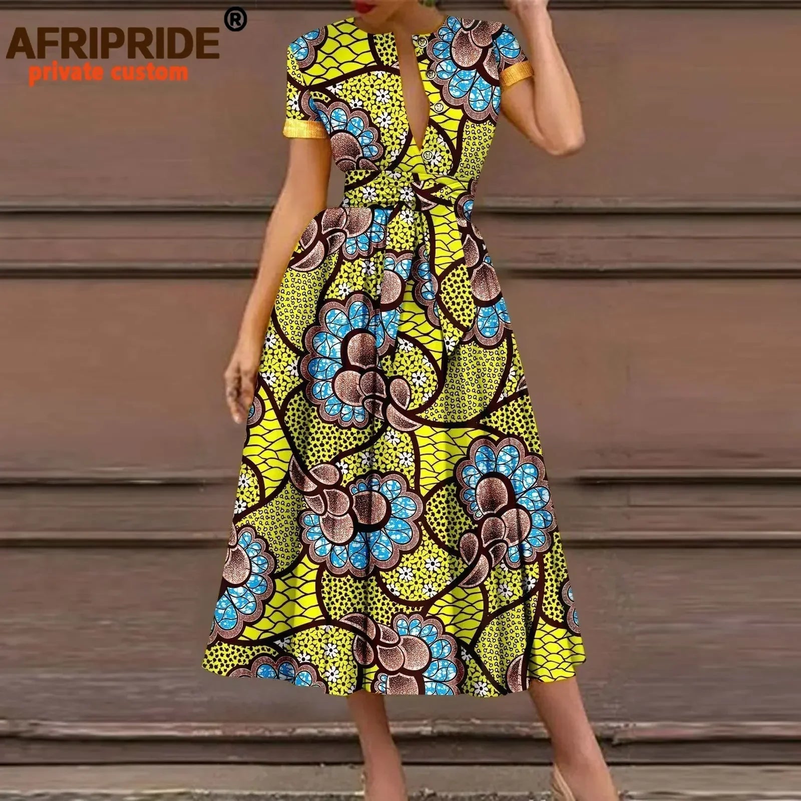 African Dresses for Women Short Sleeve High Waist Elegant Print Casual Outfits Midi Dress Dashiki Attire with Belt A2325003 - Fashion Couture