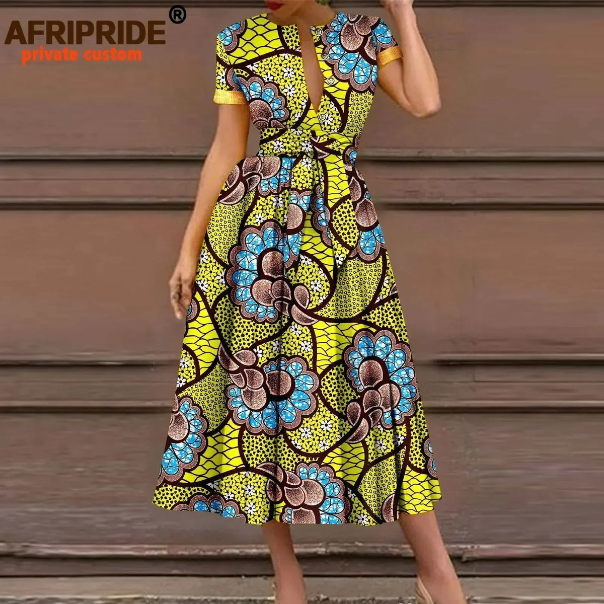 African Dresses for Women Short Sleeve High Waist Elegant Print Casual Outfits Midi Dress Dashiki Attire with Belt A2325003 - Fashion Couture