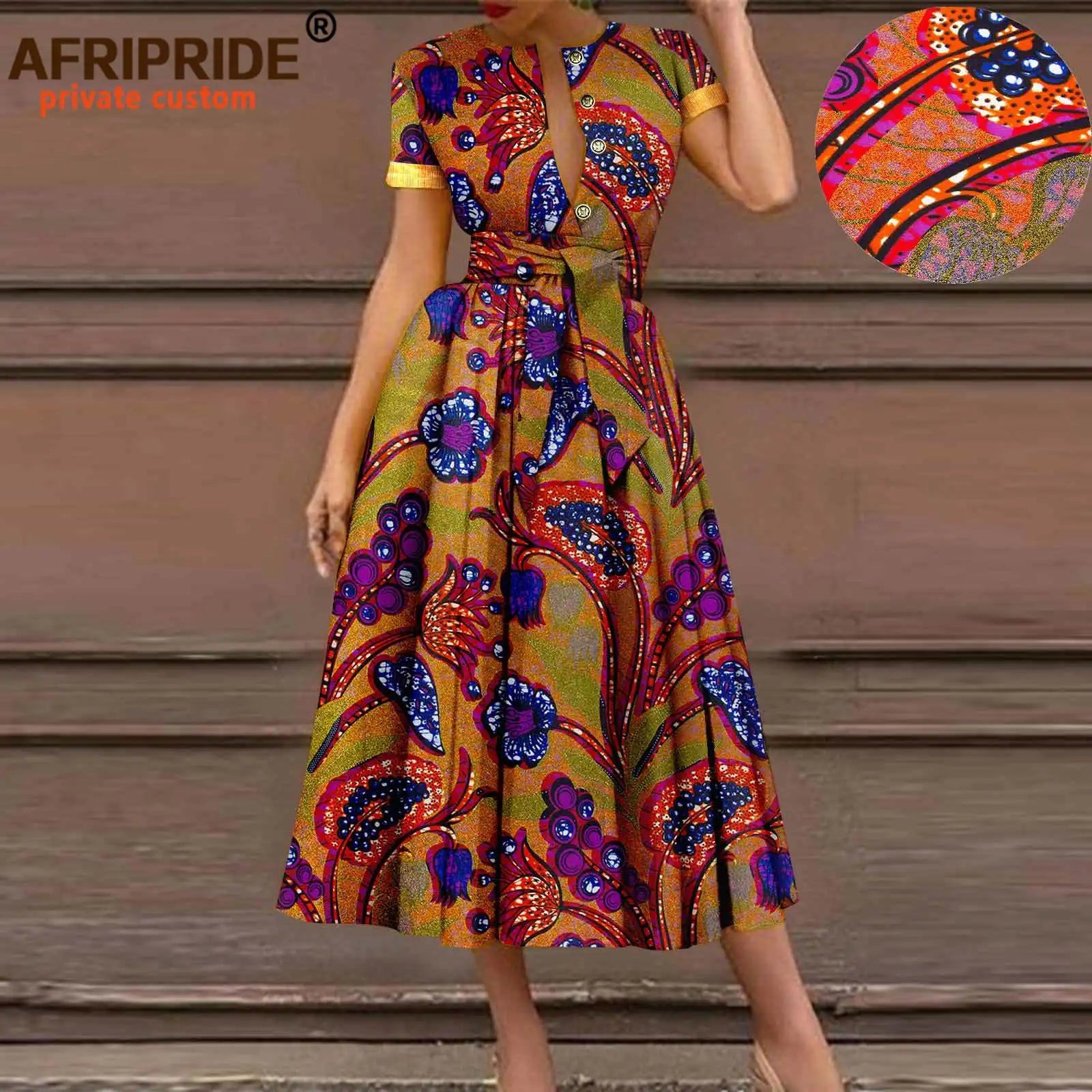African Dresses for Women Short Sleeve High Waist Elegant Print Casual Outfits Midi Dress Dashiki Attire with Belt A2325003 - Fashion Couture