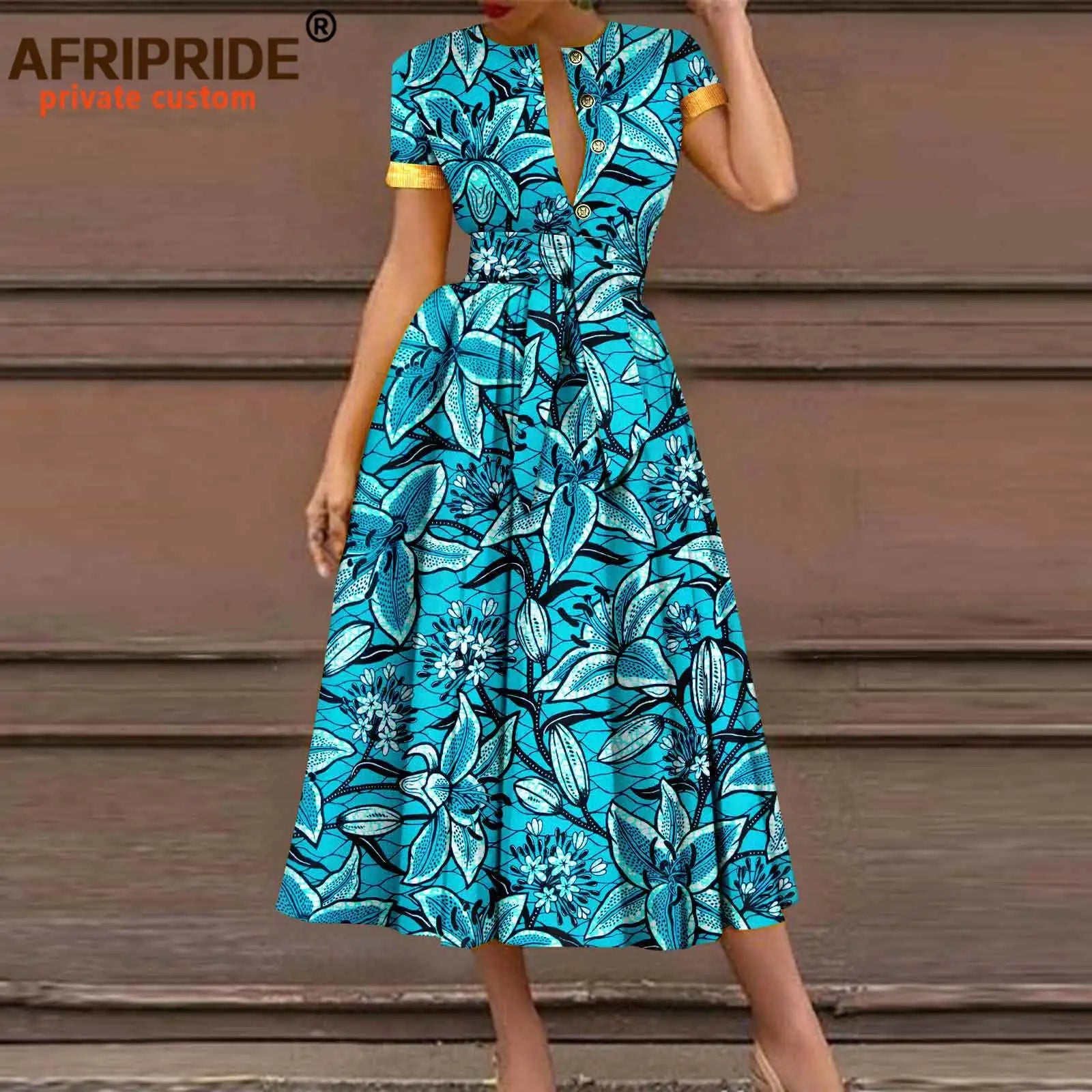 African Dresses for Women Short Sleeve High Waist Elegant Print Casual Outfits Midi Dress Dashiki Attire with Belt A2325003 - Fashion Couture