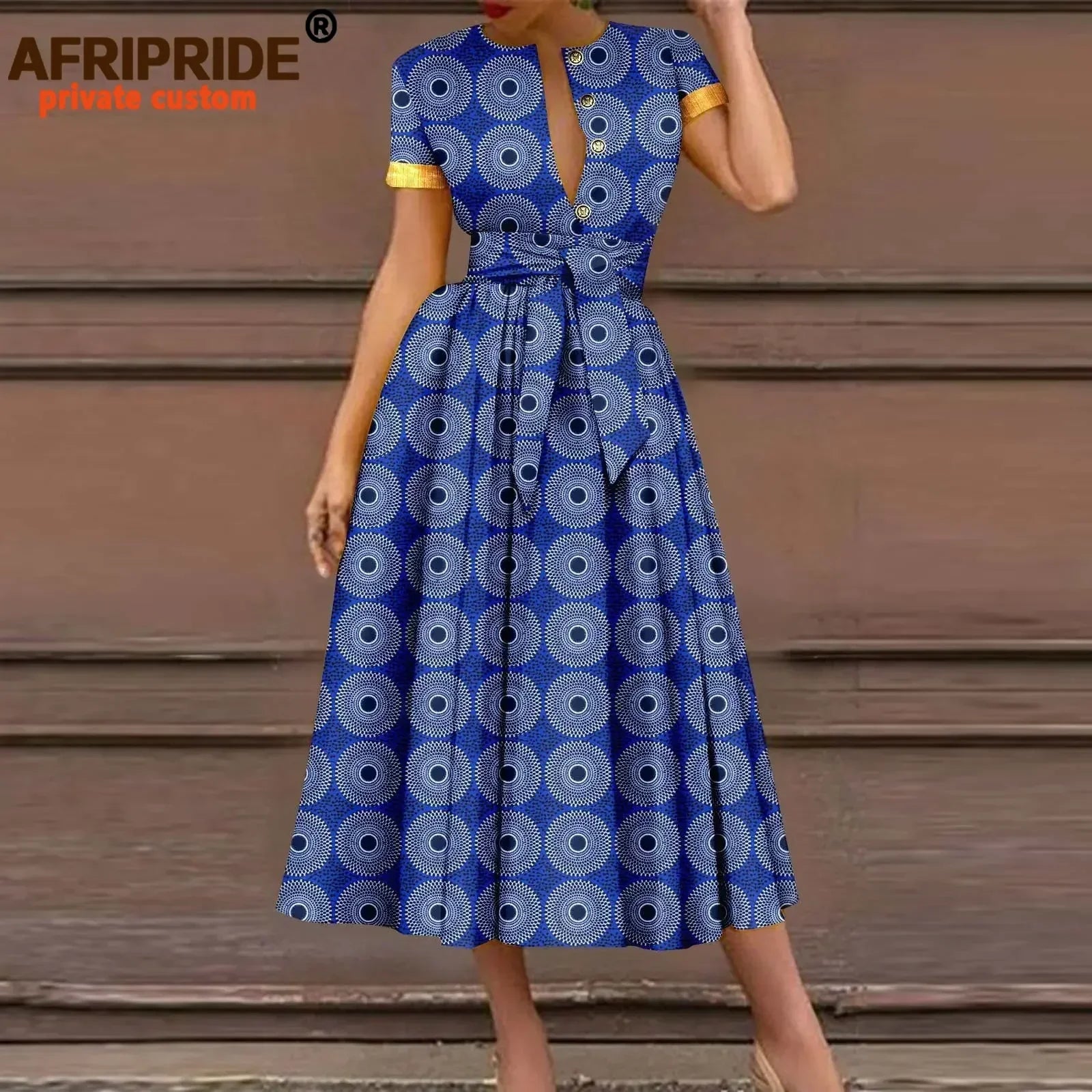 African Dresses for Women Short Sleeve High Waist Elegant Print Casual Outfits Midi Dress Dashiki Attire with Belt A2325003 - Fashion Couture