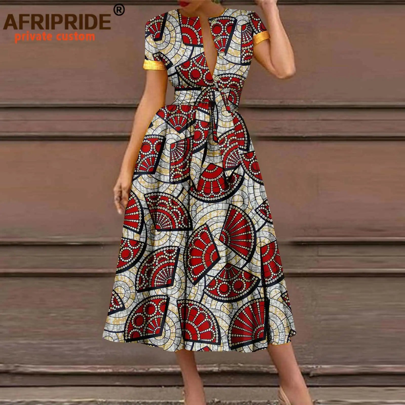 African Dresses for Women Short Sleeve High Waist Elegant Print Casual Outfits Midi Dress Dashiki Attire with Belt A2325003 - Fashion Couture