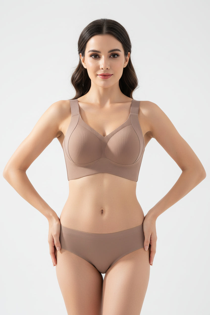 Model wearing supportive wire-free sports bra set highlighting natural lift
