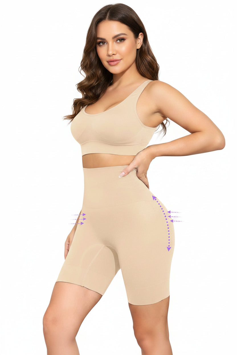Woman wearing seamless high-waist shaping shorts for tummy control and waist definition