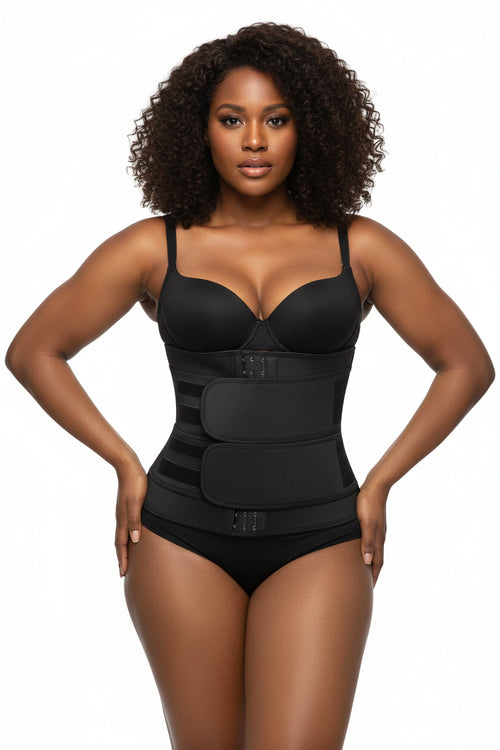 Black neoprene belly slimming waist trainer with triple velcro straps