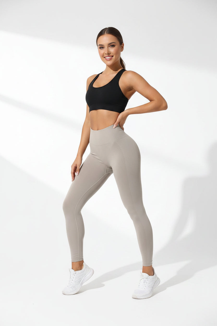 Fashion Couture high-waist seamless yoga leggings with butt lifting and tummy control, shown in a close-up view.