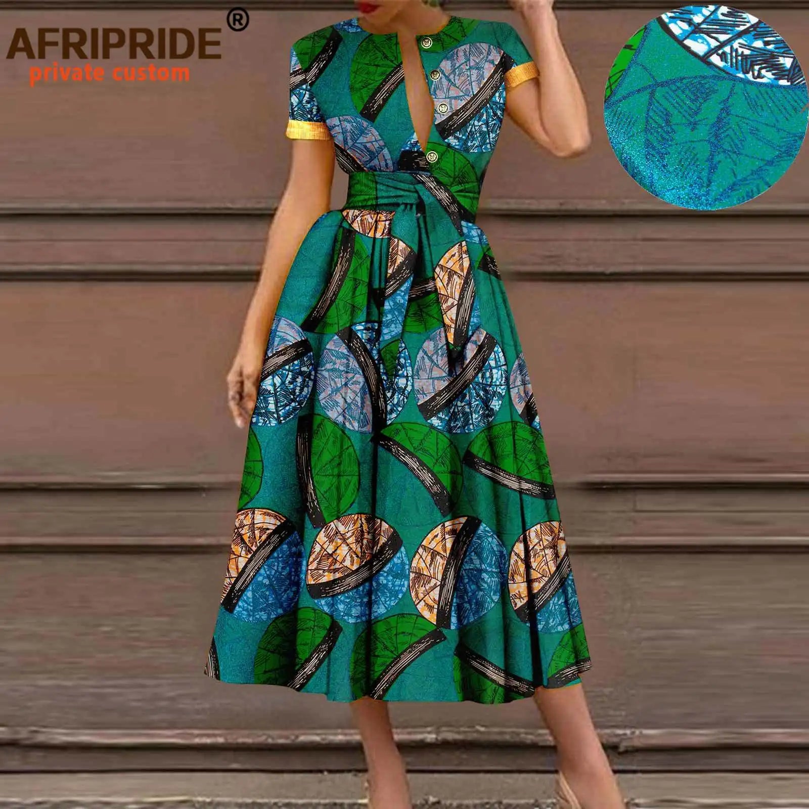 African Dresses for Women Short Sleeve High Waist Elegant Print Casual Outfits Midi Dress Dashiki Attire with Belt A2325003 - Fashion Couture