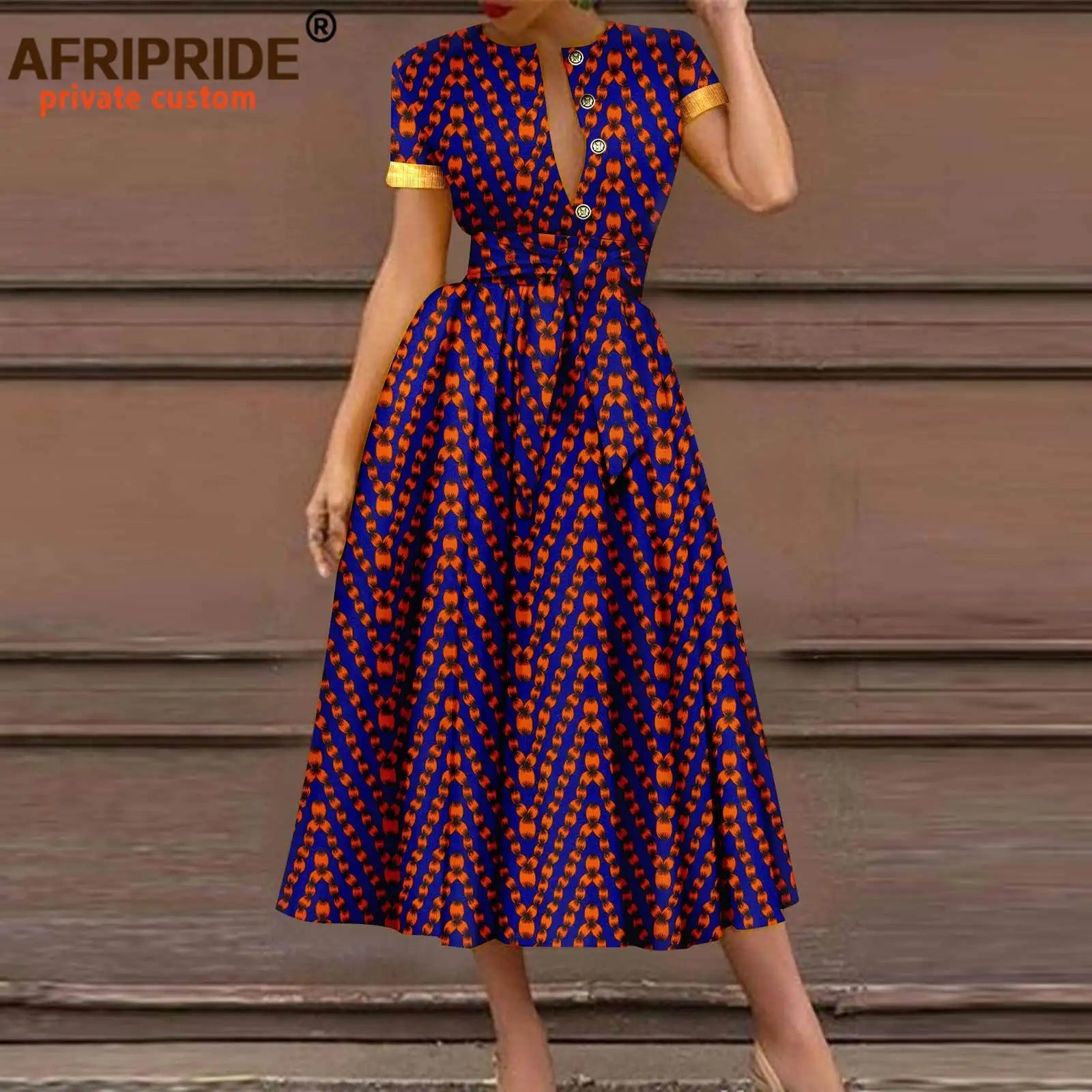 African Dresses for Women Short Sleeve High Waist Elegant Print Casual Outfits Midi Dress Dashiki Attire with Belt A2325003 - Fashion Couture
