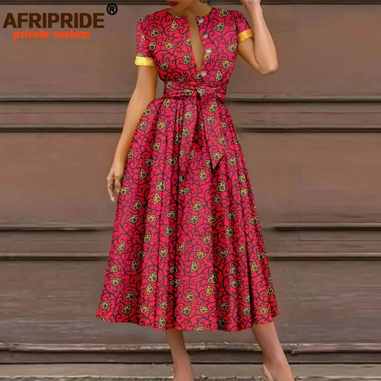 African Dresses for Women Short Sleeve High Waist Elegant Print Casual Outfits Midi Dress Dashiki Attire with Belt A2325003 - Fashion Couture