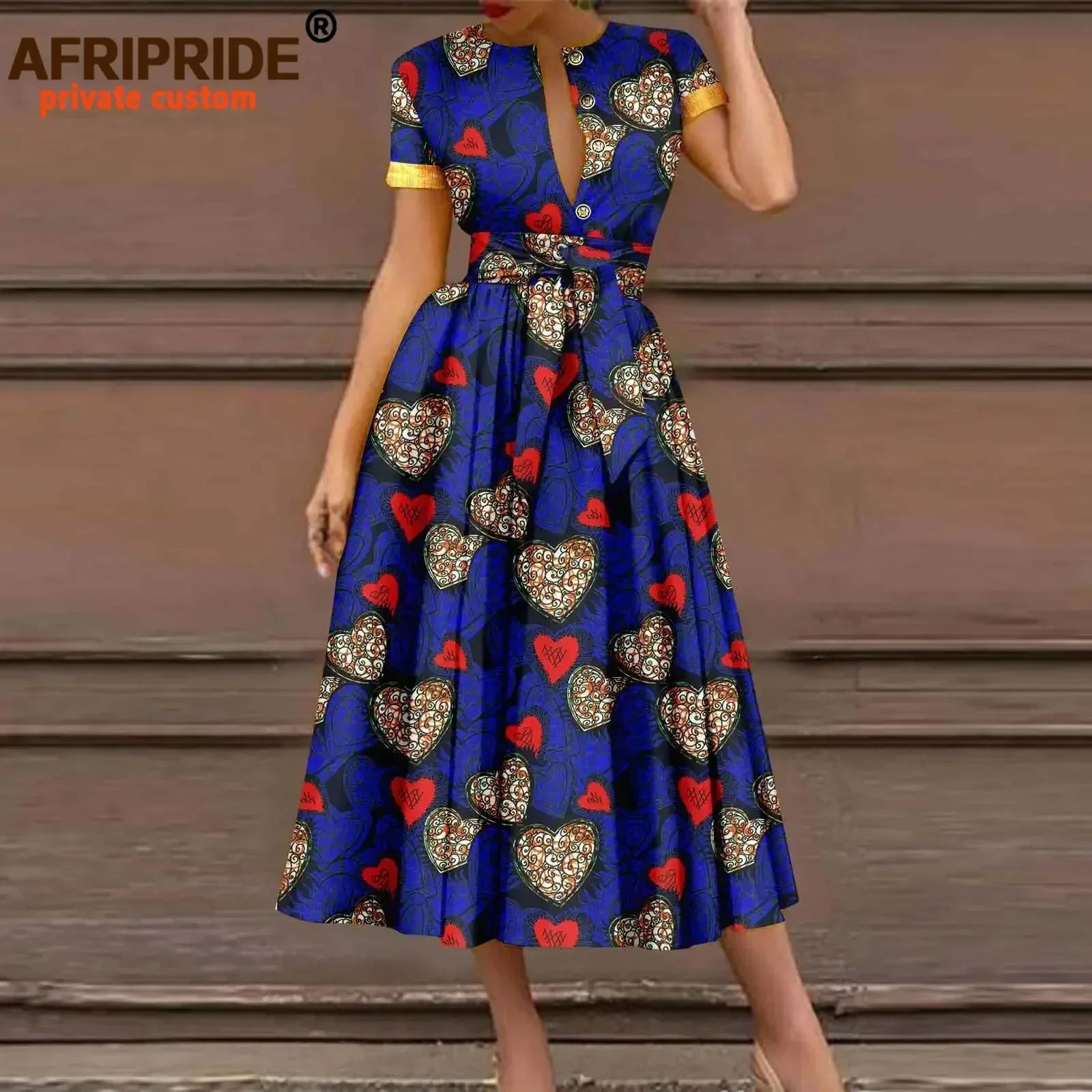 African Dresses for Women Short Sleeve High Waist Elegant Print Casual Outfits Midi Dress Dashiki Attire with Belt A2325003 - Fashion Couture