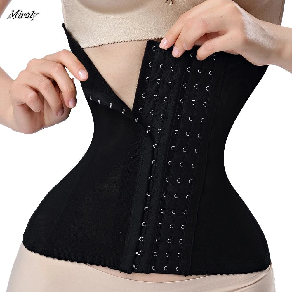 Steel boned latex waist trainer corset by Fashion Couture, firm compression shapewear for waist slimming and body shaping.
