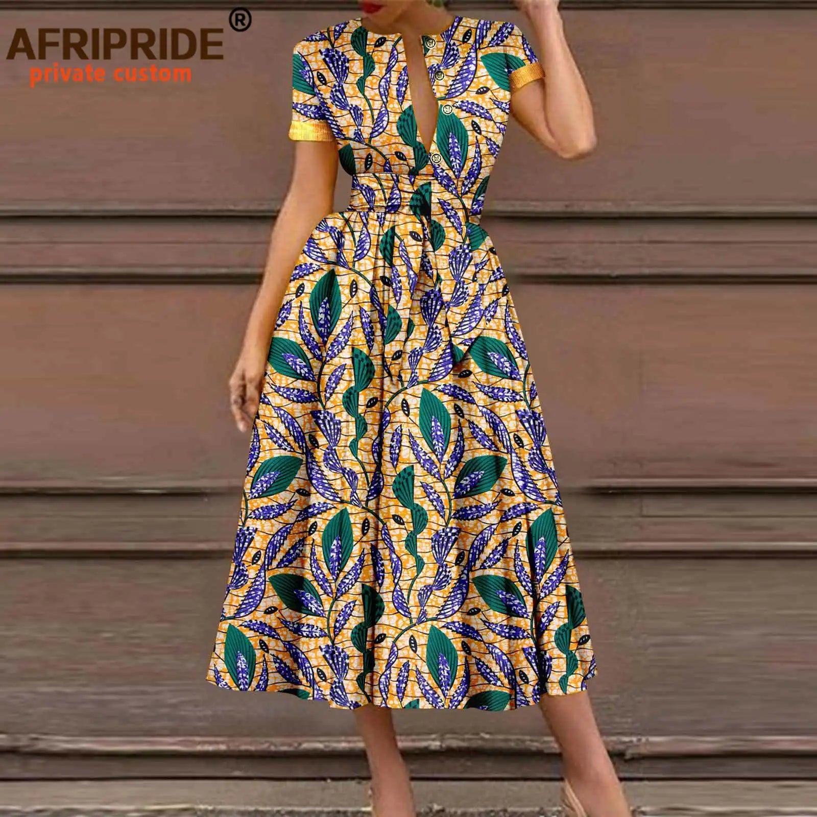 African Dresses for Women Short Sleeve High Waist Elegant Print Casual Outfits Midi Dress Dashiki Attire with Belt A2325003 - Fashion Couture