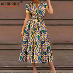 African Dresses for Women Short Sleeve High Waist Elegant Print Casual Outfits Midi Dress Dashiki Attire with Belt A2325003 - Fashion Couture