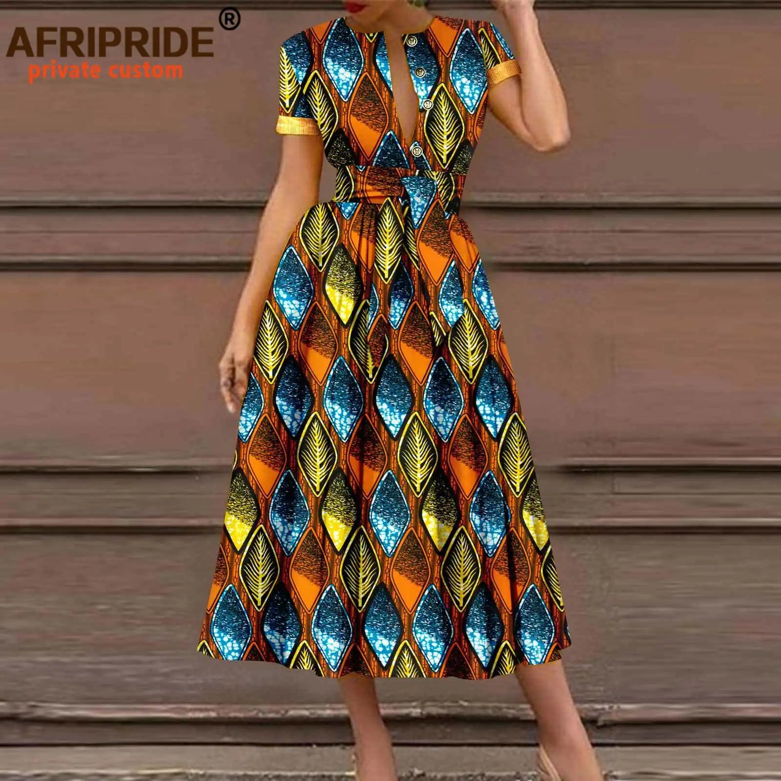 African Dresses for Women Short Sleeve High Waist Elegant Print Casual Outfits Midi Dress Dashiki Attire with Belt A2325003 - Fashion Couture