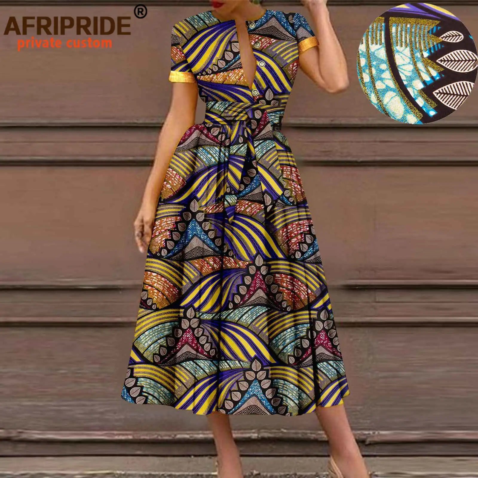 African Dresses for Women Short Sleeve High Waist Elegant Print Casual Outfits Midi Dress Dashiki Attire with Belt A2325003 - Fashion Couture