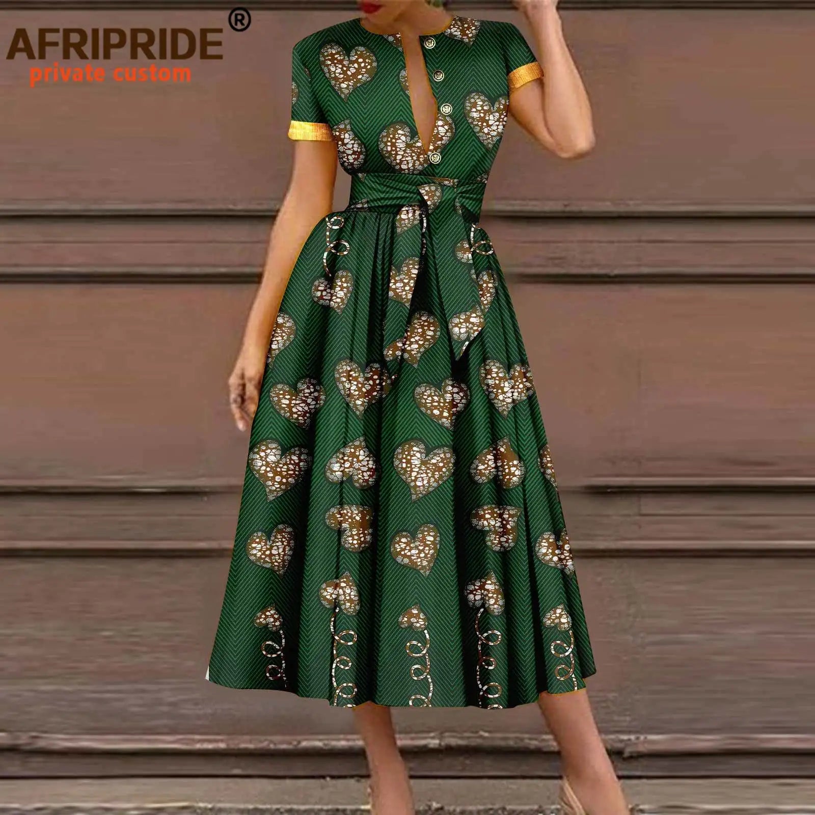 African Dresses for Women Short Sleeve High Waist Elegant Print Casual Outfits Midi Dress Dashiki Attire with Belt A2325003 - Fashion Couture